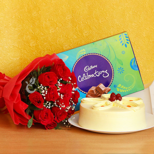 Gift Hamper of 12 Red Rose Bunch with 1 Cadbury Celebration and Half Kg Butterscotch Cake