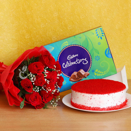 Combo Gift of 12 Red Roses + 1 Cadbury Celebration + Half Kg Red Valvet Cake