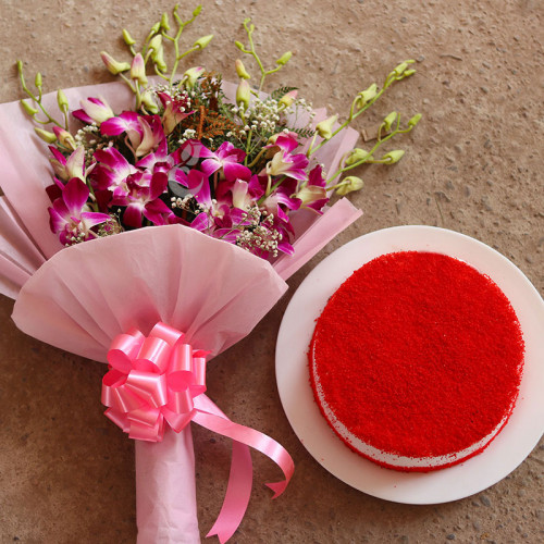 Gift Hamper of 6 Orchid and Half Kg Red Velvet Cake