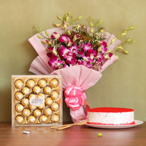 Combo Gift of 6 Orchid with Half Kg Red Velvet Cake and 24 Ferrero Rocher