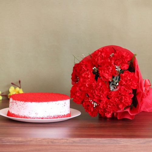 Combo Gift of 12 Carnations with Half Kg Red Velvet Cake