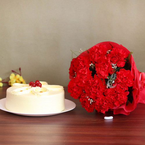 Gift Hamper of 12 Carnations with Half Kg Chocolate Cake