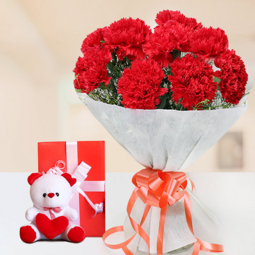 12 carnation + teddy + greeting card