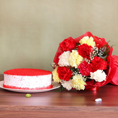 Gift Hamper of 12 Mix Carnations with Half Kg Red Velvet Cake