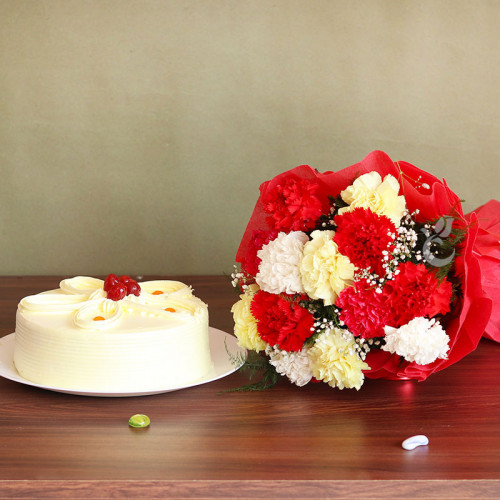 Gift Hamper of 12 Mix Carnations with Half Kg Butterscotch Cake