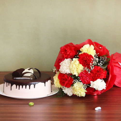 Gift Hamper of 12 Mix Carnations with Half Kg Chocolate Cake