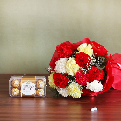 Combo Gift of 12 Mix Carnations and 16 Ferrero Rocher