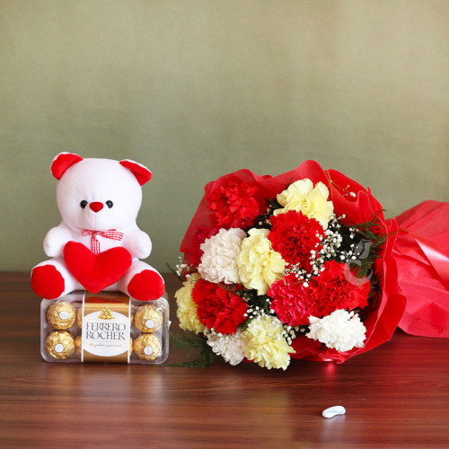 Combo Gift of 12 Mix Carnations with 16 Ferrero Rocher and 6 inch Teddy
