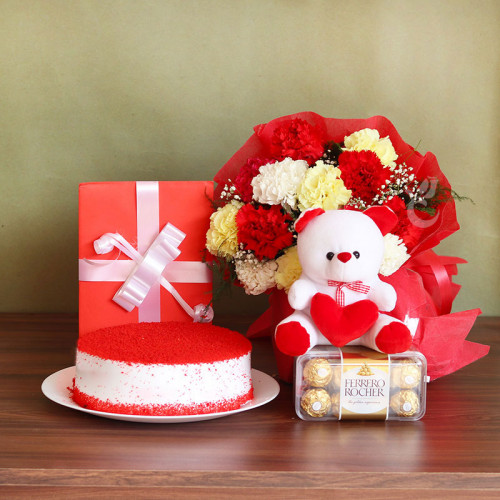 Combo Gift of 12 Mix Carnations with 16 Ferrero Rocher, 6 inch Teddy and Greeting Card