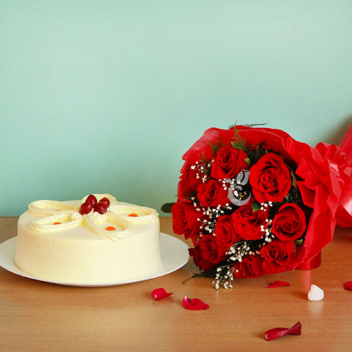 Combo of A bouquet of 10 red roses and Half kg Butterscotch Cake