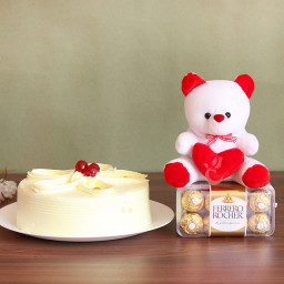 Combo of Half Kg Butterscotch Cake with 16 Ferrero Rocher and 6 inch Teddy