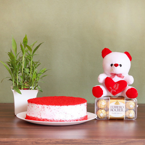 Gift Combo of Half Kg Red Velvet Cake with 16 Ferrero Rocher and 6 inch Teddy