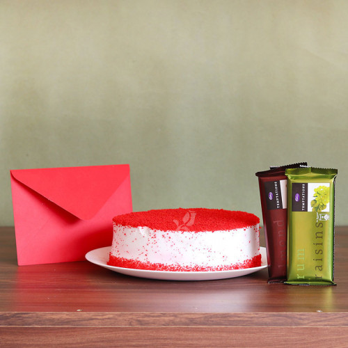 Gift Combo of Half Kg Red Velvet Cake with 2 Temptation Chocolates and Greeting Card