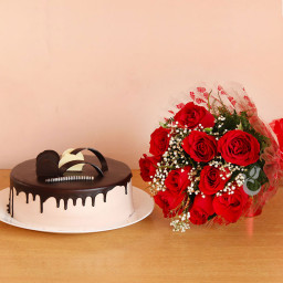 Combo of 10 Red Roses Bouquet & Half kg Chocolate Cake