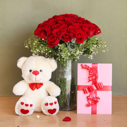Love Confinement - A Gift Set of 30 Red Roses, 12 inch Teddy, Glass Vase and 1 Greeting Card